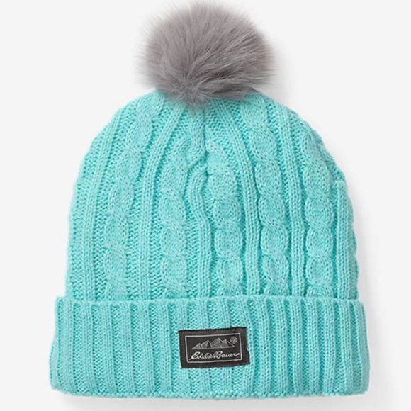 New Eddie Bauer Girls Blush Pom Beanie Hat Medium/Large Aqua - Picture 1 of 3